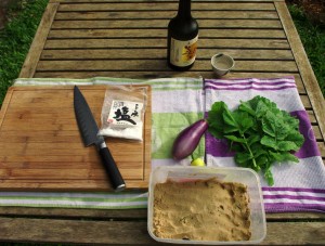 Eggplant, Daikon leaves and Banana Chili..